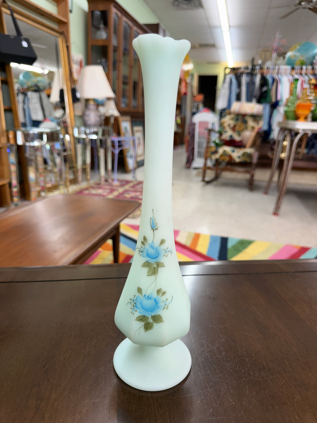 Fenton Vintage Frosted Blue Rose Swung Vase 11.25 in tall- SIGNED