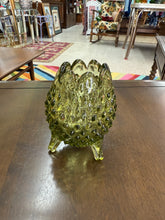 Load image into Gallery viewer, Vintage Fenton Green Three Footed Egg Shaped Vase Hobnail 5&quot; Glass
