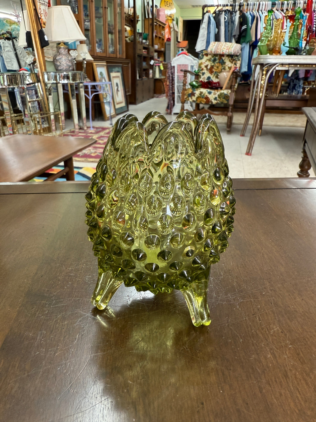 Vintage Fenton Green Three Footed Egg Shaped Vase Hobnail 5
