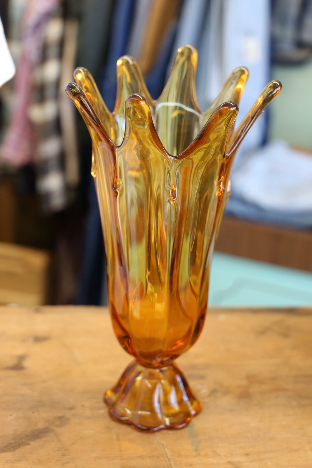 8 Finger Amber Swung Vase - Viking Glass -